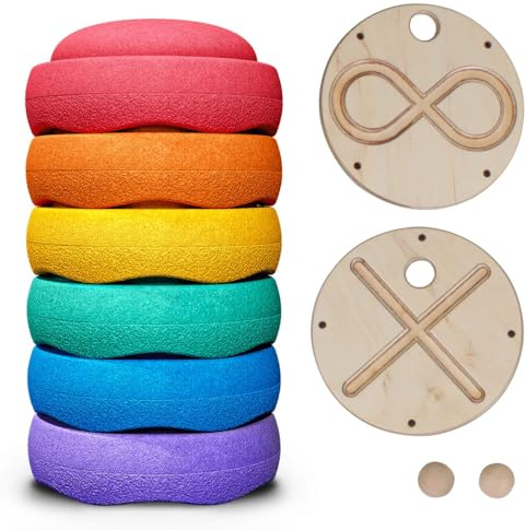 pedalo Stapelstein® Original Rainbow Classic mit 2 Handmotorikscheiben/Balanciersteine für Kinder/Bewegungsspiel/Zubehör für Stapelsteine/Murmelscheibe/Handtraining/Motorikspielzeug