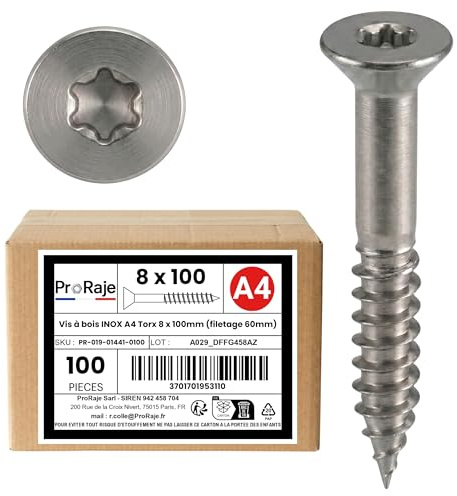 PRORAJE Schrauben INOX A4: 8 x 100 mm (Gewinde 60mm) | Senkkopf mit TORX-Eingravierung (TX) | Edelstahl A4 (V4A / AISI 316) | für Konstruktion/Spanplatten/Terrasse/etc: 100 Stück im Set