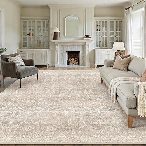 PureCozy Beige Vintage Teppich Wohnzimmer 200x300cm Waschbar | Waschbarer Teppich, Weich Rutschfest, Kurzflor im Retro, für wohnzimmerteppich Schlafzimmer Esszimmer Büro, Groß Teppich