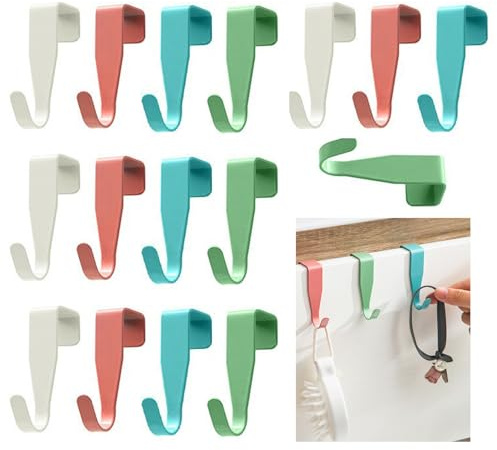 Makloee Over The Door Hooks, 16Pcs Over The Door Hhook Small Over Cupbdoars Hook Over Kitchen Cabinet Single Hooks for Kitchen Cupboard Doors, Bedroom, Bathroom, Wardrobe, Pink, White, Blue, Green