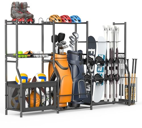 WALMANN Garage Sports Equipment Organizer Stand, Freestanding Ski & Snowboard Storage Rack with Ball Bin and Golf Bag Holder, Multi-Sport Storage for Garage