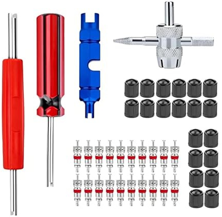 Zernavith Tyre Valve Removal Tool,Valve Core Removal Tool,for Bike Car | 44Pcs,4-Way Valve Tool Dual & Single Head Valve Core Remover,20 Pcs Valve Cores 20 Pcs Valve Caps,Easy to Maintain Tire