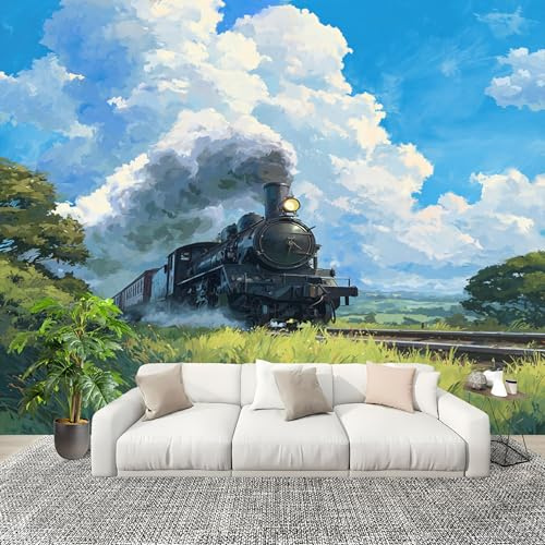 Art Fototapete Schlafzimmer 300x210 cm Dampf Zug Muster Geruchlose, reißfeste, fotorealistische Wandtapete BlaugrüN Abnehmbar Vlies Tapete Wandbild für die Heimdekoration