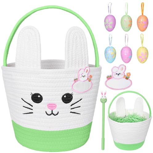 Crittygo Easter Basket, Easter Egg Hunt Basket with Eggs Pen Name Tag, Personalised Woven Cotton Rope Bunny Baskets Tote Bag for Easter-Party Favor Fillers