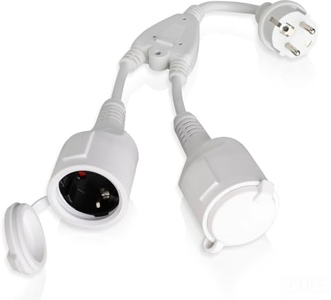 Romon Enchufe Doble, Adaptador 2 en 1 con Cable Alargador Corto y Tapa Enchufes, IP44 Impermeable Blanco, 16A/250V, Compatible con Estándar Schuko, para Interior y Exterior