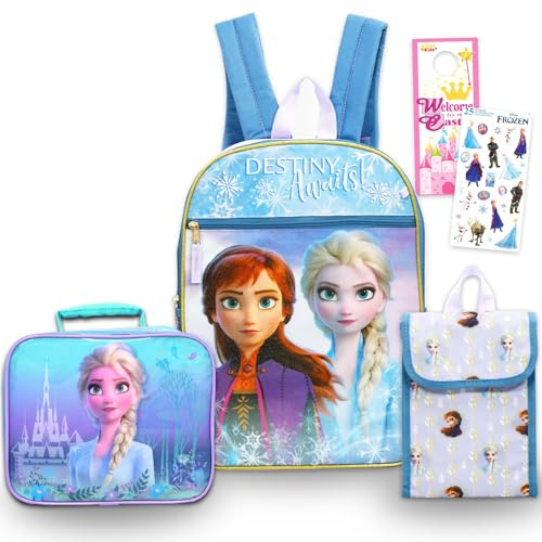 Disney Frozen Backpack and Lunch Bag for Kids - Bundle with 16 Backpack, Lunch Box, Snack Bag, Stickers, More Frozen School Bag Set for Girls