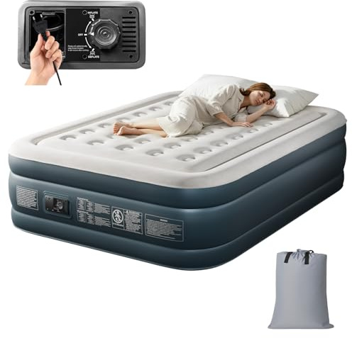 Bonnlo Matelas de Camping Pliable avec Pompe électrique, Matelas Gonflable Autogonflant avec Surface en Velours, pour 2 Personnes (Gris-Blanc et Gris Foncé, 203 x 152 x 45 cm)