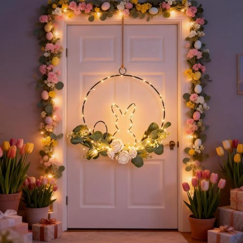 Türkranz Ostern mit LED Licht,Osterhase Osterkranz Haustür Metall Osterkranz Tür Beleuchtet mit Blumen Eukalyptus Kranz Frühling mit Lichterkette Metallring Ostertürkränze für Tür Wand Fenster (B)