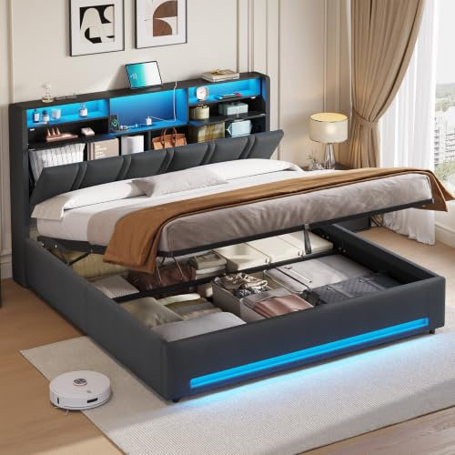 DICTAC Bett 180x200 Grau mit LED und USB-C – Polsterbett mit Bettkasten, Hydraulik, Stauraum 30cm, inkl. Lattenrost, gepolstertes Kopfteil mit Ladestation, bis 450 kg – Doppelbett für Erwachsene
