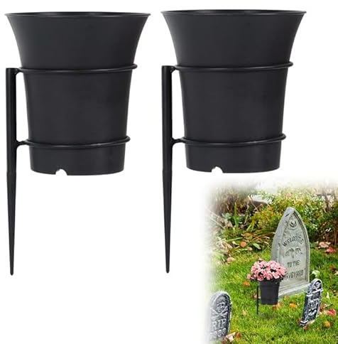 2 Pack Metal Cemetery Vases, Memorial Grave Vases with Stakes, Flowers Holder for Cemetery Grave, Headstone Vase with Ground Spikes Plastic Pot for Fresh or Artificial Flowers, Lawn Yard Funeral (XL)