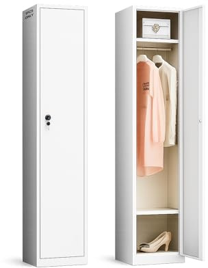 TOPRACKS Garderobenschrank abschließbar [180 x 38 x 42 cm] – schmaler Kleiderschrank aus Metall mit 1 Tür, Schloss, Kleiderstange & Ablagen – Spind für Büro, Flur & Schlafzimmer (Grau)