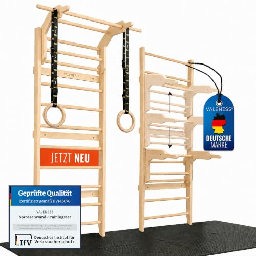 VALENESS® Holz-Sprossenwand mit Klimmzugstange, Dip-Station und Turnringen