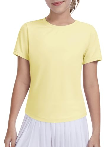 DOCUMO Girls T-Shirts Quick Dry Short Sleeve Sports Tops(Light Yellow,XS