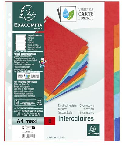Exacompta 2606E Kunststoff-Register für DIN A4 aus Colorspan Karton 6-teilig volle Höhe 24 x 29,7 cm mit 6 verschiedenfarbigen Taben und Blättern Universallochung Trennblätter Trennstreifen