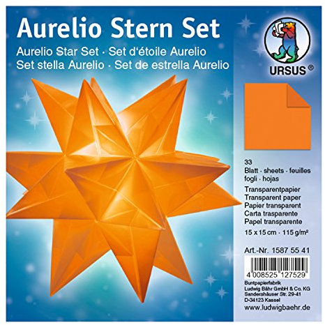 Ursus 15875541 - Faltblätter Aurelio Stern uni, orange, 33 Blatt, aus Transparentpapier 115 g/qm, ca. 15 x 15 cm, einseitg bedruckt, ideal als zeitlose, elegante Wohndekoration