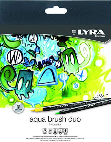 LYRA Aqua Brush Duo Brush Marker – Set mit 36 Pinselstiften auf Wasserbasis für Künstler jeden Alters – Marker mit doppelter Spitze für feine Details und breite Striche – langlebige Farbmarker für