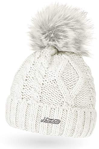 Neverless gefütterte Damen Strickmütze mit Fell-Bommel und Fleece-Futter, Kunstfell, Winter-Mütze, Bommelmütze, Creme Unisize