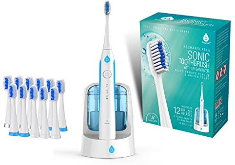 Pursonic S750 Sonic Toothbrush (White) — Smart Series Electronic Power Rechargeable Battery Toothbrus for Adults — 12 Bonus Brush Head
