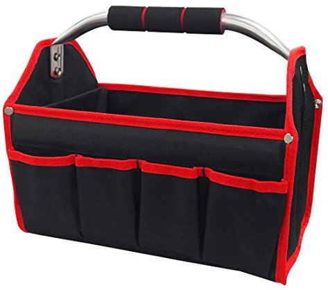 HAUTMEC 13-Inch Foldable Open Top Tote Bag, 8-Pocket Wide Mouth Tool Bag, Tubular Steel Heavy Duty Electrician Tool Bin for Tool Organization and Storage TB0001