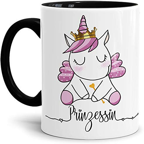 Tassendruck Einhorn-Tasse mit Spruch Unicorn Prinzessin - Glitzer/Rosa/Geschenk-Idee/Stern/Regenbogen/Innen & Henkel Schwarz