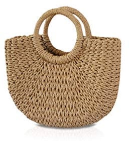 NICOLE&DORIS New Women's Summer Beach Bag Handle Rattan Straw Bag Woven Handbag for Lady 30x10x20cm, Khaki, M