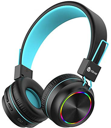 iClever Bluetooth Kinder Kopfhörer, Bunte Lichter LED, 94dB Lautstärkebegrenzung, Faltbare, Einstellbar, Kabellos und Kabel, Eingebautes Mikrofon für PC, Tablet, Kindle