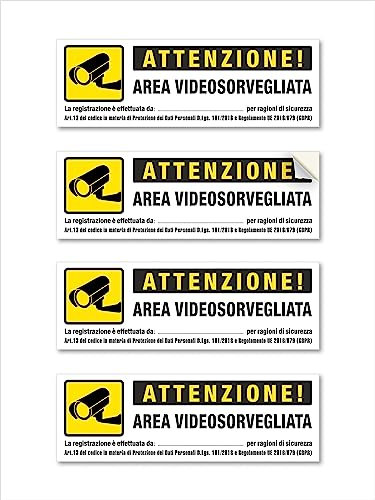 4 Adesivi Videosorveglianza Piccoli, misura: 15 x 5 cm, Cartelli Area Videosorvegliata Impermeabili, in PVC morbido. 4 pz.