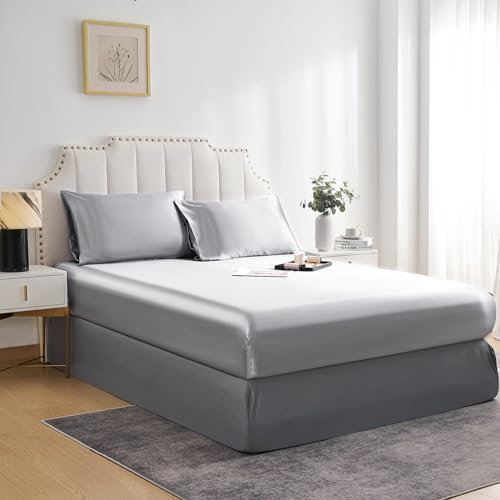 JHCHMX Satin Fitted Sheet Gray King,Silky Deep Pocket Bed Sheet,Soft and Breathable Non-Iron Good for Hair and Skin,Fitted Sheet Only(Grey,King)