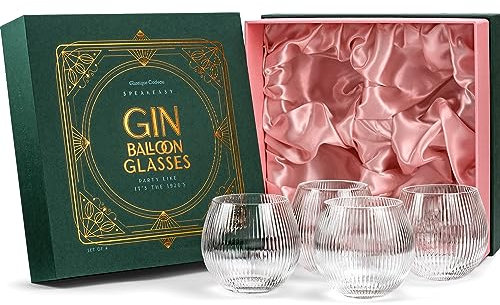Lot de 4 verres ballon vintage Art déco en cristal sans pied pour boire des cocktails à gin | Verres à bulles rétro pour les amateurs de gin | Gobelets à bulles pour boissons de bar