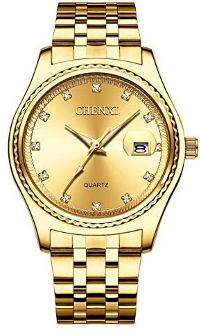 JewelryWe Herrenuhr Quarz Analog Partner Freundschafts Armbanduhr Datum Kalender Edelstahl Armband Herren Uhr mit Beleuchtenden Zeiger und Strass goldem Zifferblatt, Geschenk für Männer Junge, Gold