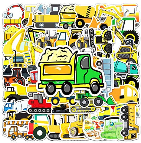 T TAKONE Baustellenfahrzeug Aufkleber, 50 Stücke Vinyl bagger traktor Sticker, Wasserdichte und Wiederverwendbare Jungen-fahrzeugaufkleber für Koffer, Wasserflasche, Laptop, Skateboard