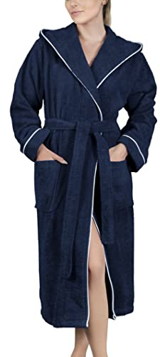 LAYNENBURG Bademantel Damen Frottee - Kapuze - Lang - 100% Baumwolle (360g/m2) - OEKO TEX Standard 100 - Größe (M, Blau)