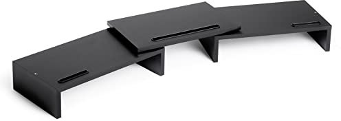 Meerveil Dual Monitor Stand, Desk Computer Screen Riser Wood with Adjustable Length and Swivel Angle, 3 Extra Organizer Slot with Cable Management for Laptop PC Printer Tablet, Black