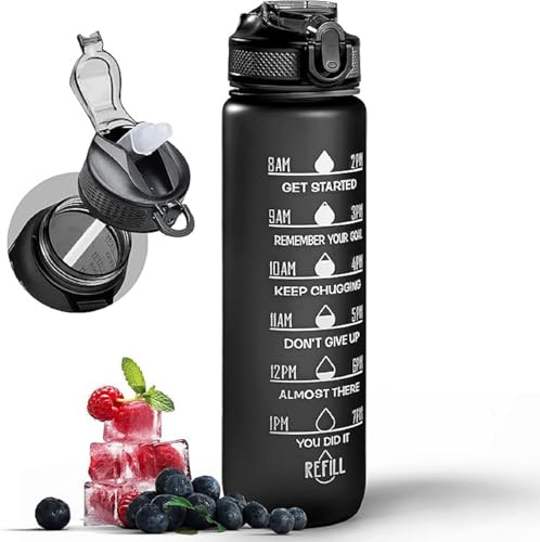 Active 100 Water Bottle 1000ml Sports Water Bottle with Motivational Time Marker & Straw, Dishwasher Safe Leak-proof Drink Bottle BPA Free Non-Toxic Tritan Material 1 Click Open for Running Gym