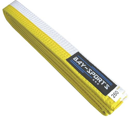 BAY Budogürtel, weiß/gelb Halb Zweifarbig gestreift, Kampfsportgürtel, Wettkampfgürtel, Karate, Judo, Taekwondo, Tae Kwon Do, (320 cm)
