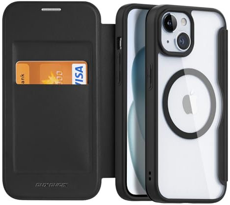 DUX DUCIS Magnetic Case for iPhone 15, [Compatible with MagSafe] Premium Flip Leather Card Holder with RFID Blocking Clear Shockproof Phone Case Cover for Apple iPhone 15 (Black)