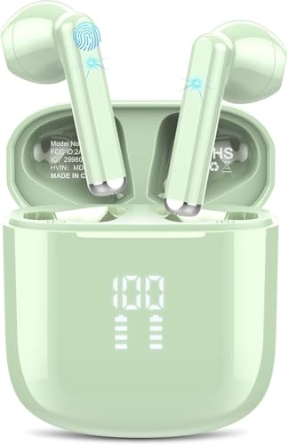 OYIB Wireless Earbuds, 2026 New Bluetooth 5.3 Headphones with HiFi Stereo and ENC Noise Cancelling Mic, 25H Bluetooth Earphones with LED Display and IP7 Waterproof for Workout/Running/Fitness, Green