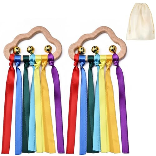 AYNKH 2Pcs Wooden Ribbon Ring Toys, Sensory Molar Educational Rassles Toy, 0 3 6 9 12 Months Newborn Baby Toddler Educationall Play Toy