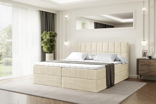 ALTDECOR Boxspringbett mit Matratze und Lattenrost, Boxbett, Topper, Polsterbett mit Bettkasten, Bett mit Stauraum H3-Matratze, Doppelbett, Springboxbett - Miami - 140x200 - Beige Monolith 04