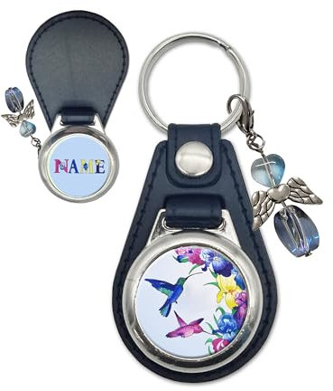 Kolibri Personalisierter Schlüsselanhänger aus Kunstleder mit Schutzengel | Wunschtext wie Name mit Schriftartwahl | Einschulungsgeschenk | Glücksbringer | Anhänger (Kolibri)