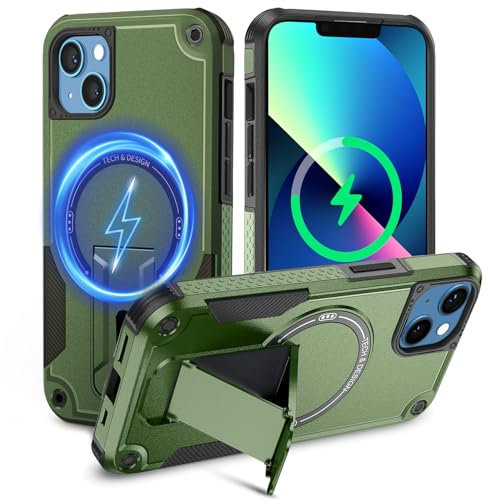 Tuvror Magnétique Coque pour iPhone 13/ iPhone 14 avec Support, [Compatible avec MagSafe] Support intégré, Protection Militaire, Coque de Téléphone Robuste Antichoc pour iPhone 13 /iPhone 14, Vert