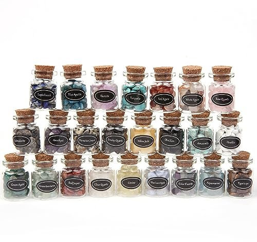 Hinourisha 24 Stück Kristalle Wunschflaschen, Naturquarz Kies Wunschflasche, Edelstein Kristall Feng Shui Dekoration Healing Reiki Trommelsteine Glasflaschen mit Box für Reiki, Heilung, Meditation