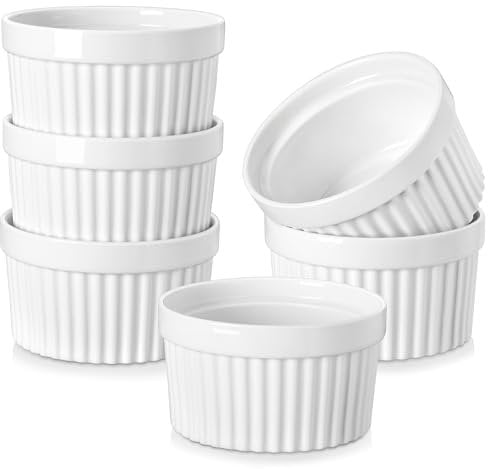 MALACASA, Serie Ramekin, Creme Brulee Schälchen 6er Set, 380ml Souffle Förmchen zum Backen, Souffleeförmchen Backofenfest, Ofenfeste Creme Brulee Schalen, Mini Auflaufform 11,5x6,5cm Weiß