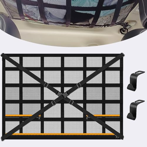 Autodach Gepäcknetz Decke Funmo Gepäcknetz Auto für Aufbewahrung 90 x 65 cm Universal Aufbewahrungsnetz mit Verstellbare Kreuzgurte und 3 unabhängige Reißverschlusstaschen für Autos, Jeeps, SUV