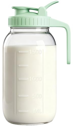 VA1KENE Glass Mason Jar Pitcher with Lid and Spout, 64 oz, 2 Quart, Wide Mouth, Leak-Proof, Airtight Seal, Glass Water Jug with Handle for Fridge, Juice, Sun Iced Tea, Coffee