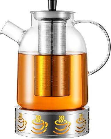 HEMOLY 1,8L Teekanne Glas mit Stövchen, Teekanne Glas mit Siebeinsatz, Teekanne mit Sieb, Teekanne für Losen Tee & Teebeutel