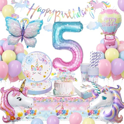 Vajilla para Fiesta de Unicornio, Mariposas 5 Años Fiesta Cumpleaños Niñas, Unicornio Vajilla Cumpleaños Decoracion Incluye Platos Taza Servilletas para 5 Años Cumpleaños 16 Invitados