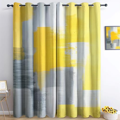 Verdunkelungsvorhänge 2 x 140 x 175 cm (2er Pack) Abstrakt ÖLgemäLde-Raster Drucken Schlafzimmervorhänge Grau Gelb Sonnenschutzvorhänge Vorhang mit Ösen geeignet für Balkon Schlafzimmer Wohnzimmer