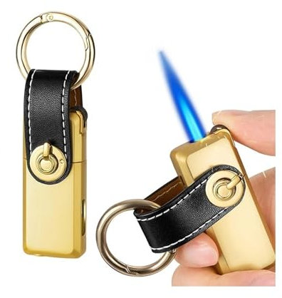 VFBVNJBJ Gasfeuerzeug mit Sichtfenster, verstellbares Flammenfeuerzeug, Metall-Schlüsselanhänger-Feuerzeug, winddichtes Flammenfeuerzeug for Camping, Kerze, Mückenspule, Herrengeschenk(Gold)