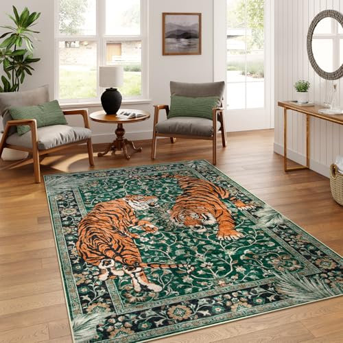 Moynesa Tiger Teppich, Boho-Waschbarer Wohnzimmerteppich, rutschfest, grün, für Schlafzimmer, ultradünn, Vintage, weich, schmutzabweisend, Überwurf, Bodenteppich für Büro, Esszimmer, 12,7 x 17,8 cm